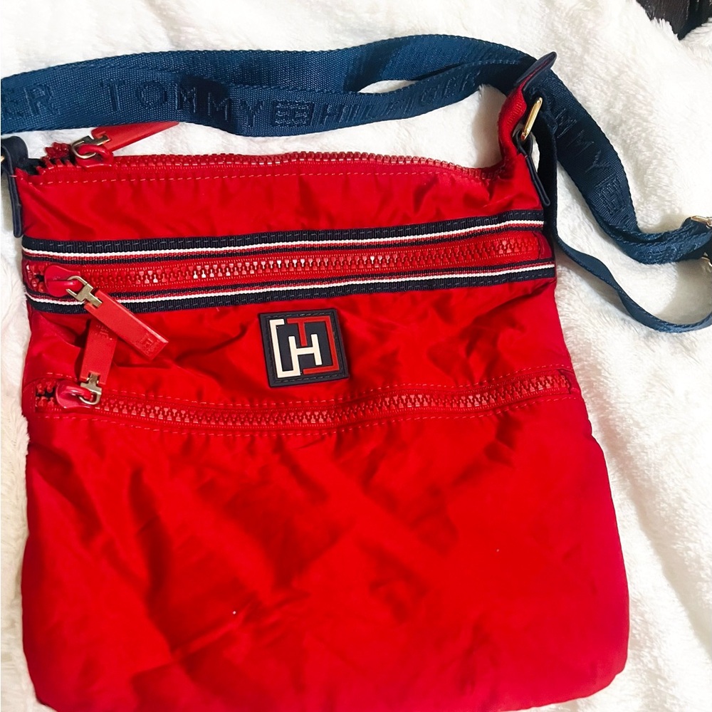 Tommy Hilfiger Red Messenger Bag with Blue Strap